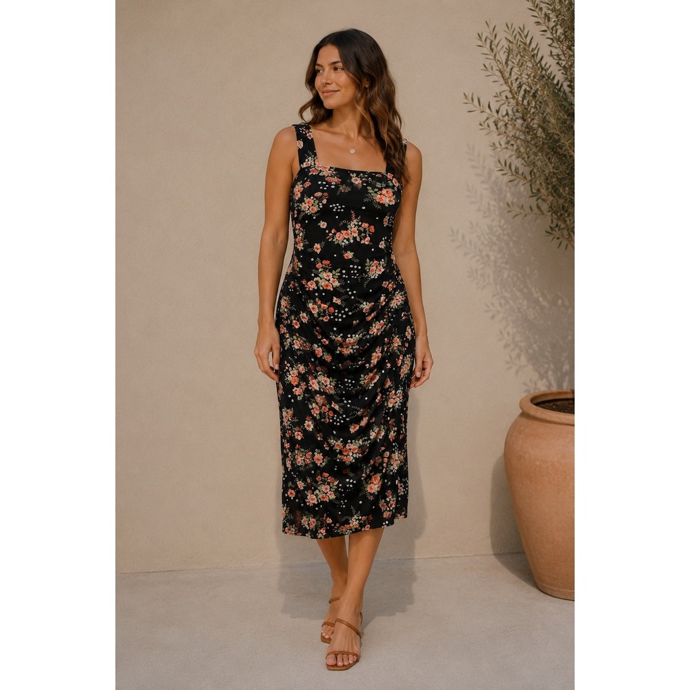 NEW‎ Maurices Floral Ruched Mesh Midi Dress Women Large Black Pink Square Neck